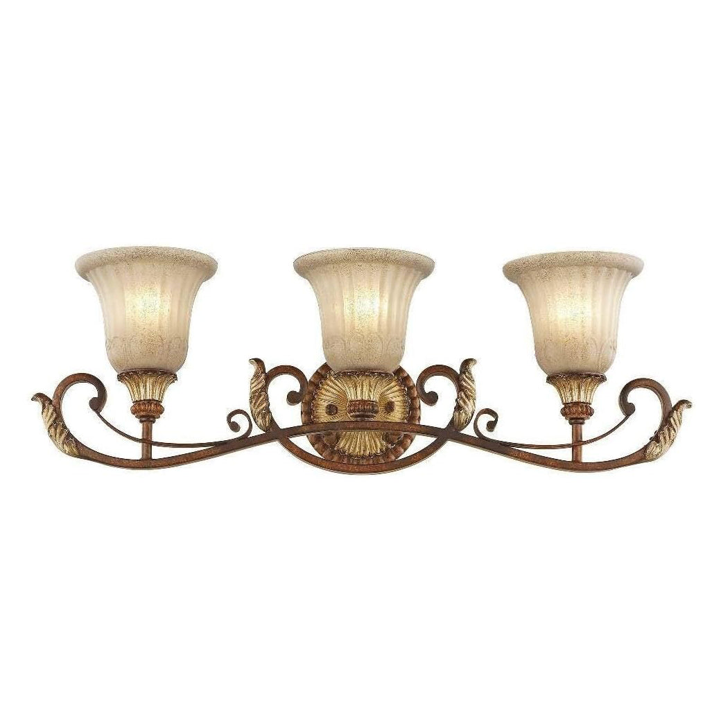 Livex Lighting 8553-63 Villa Verona 3 Light Verona Bronze Finish Vanity Bath with Aged Gold Leaf Accents and Rustic Art Glass