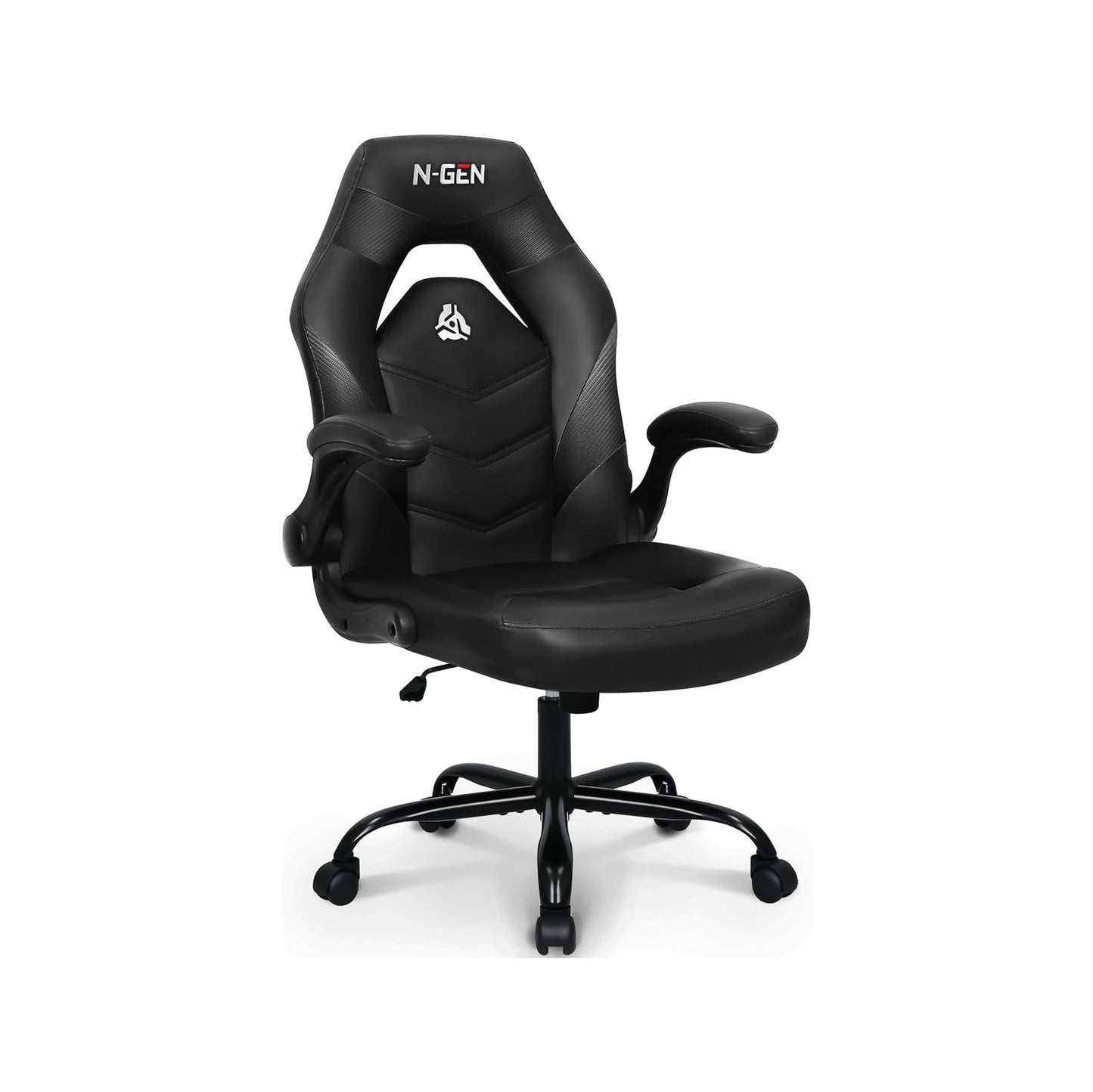 N-GEN Video Gaming Chair Ergonomic Computer Desk Office Chair with Lumbar Support Adjustable Height Swivel Wheels Flip-Up Arms PU Leather Home and Office (Black)