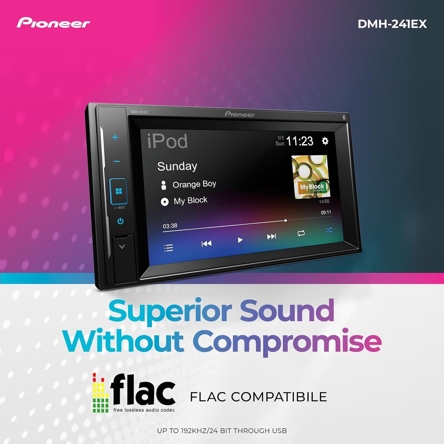 Pioneer DMH-241EX 6.2" Double-DIN Bluetooth – Short Chassis, FLAC, 13-Band EQ