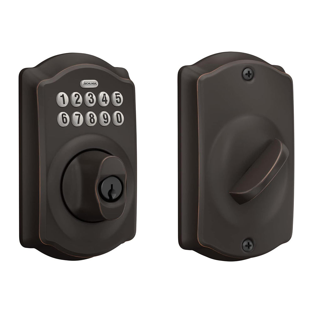 Schlage BE365 V CAM 716 Camelot Keypad Deadbolt, Electronic Keyless Entry Lock, Aged Bronze