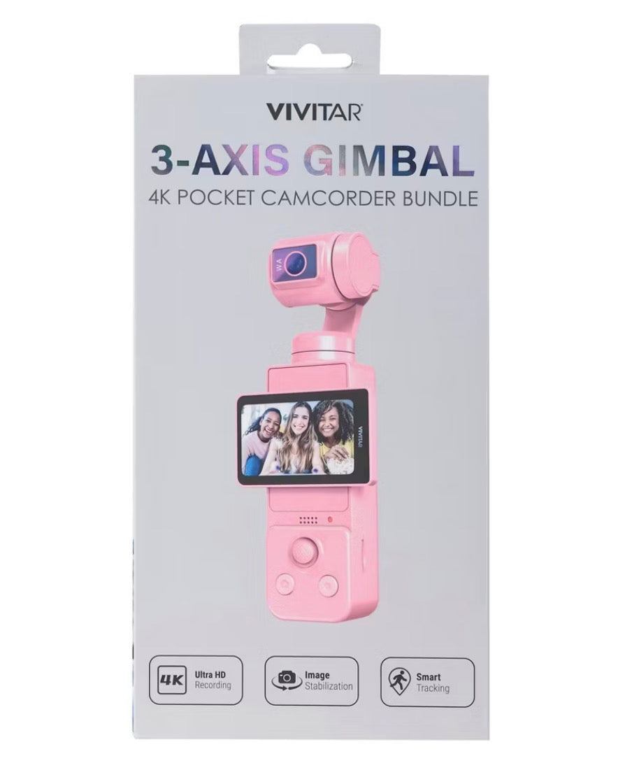 Vivitar 3-Axis Gimbal 4K Pocket Camcorder Bundle - Pink