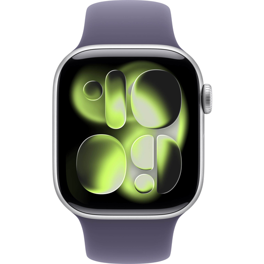 Apple Watch Series 11 Silver with Purple Fog Sport Band – front view