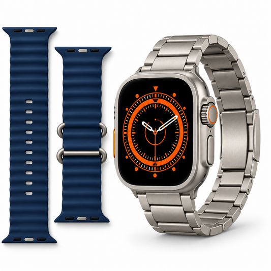 Apple Watch Ultra 2 natural titanium with stainless steel band and blue band