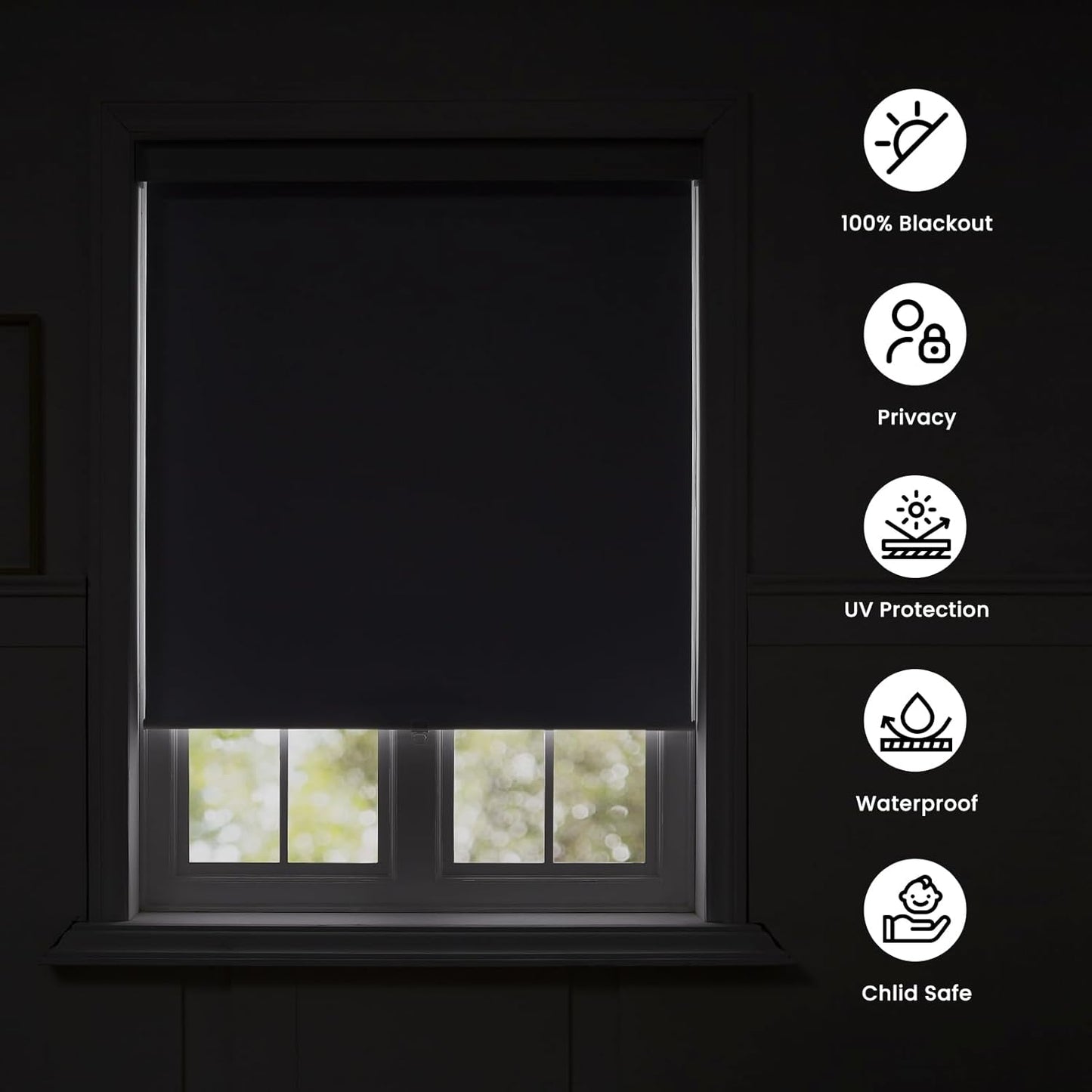 Melodieux 100% Blackout Cordless Free-Stop Roller Shade – 42" W x 72" H (Black)