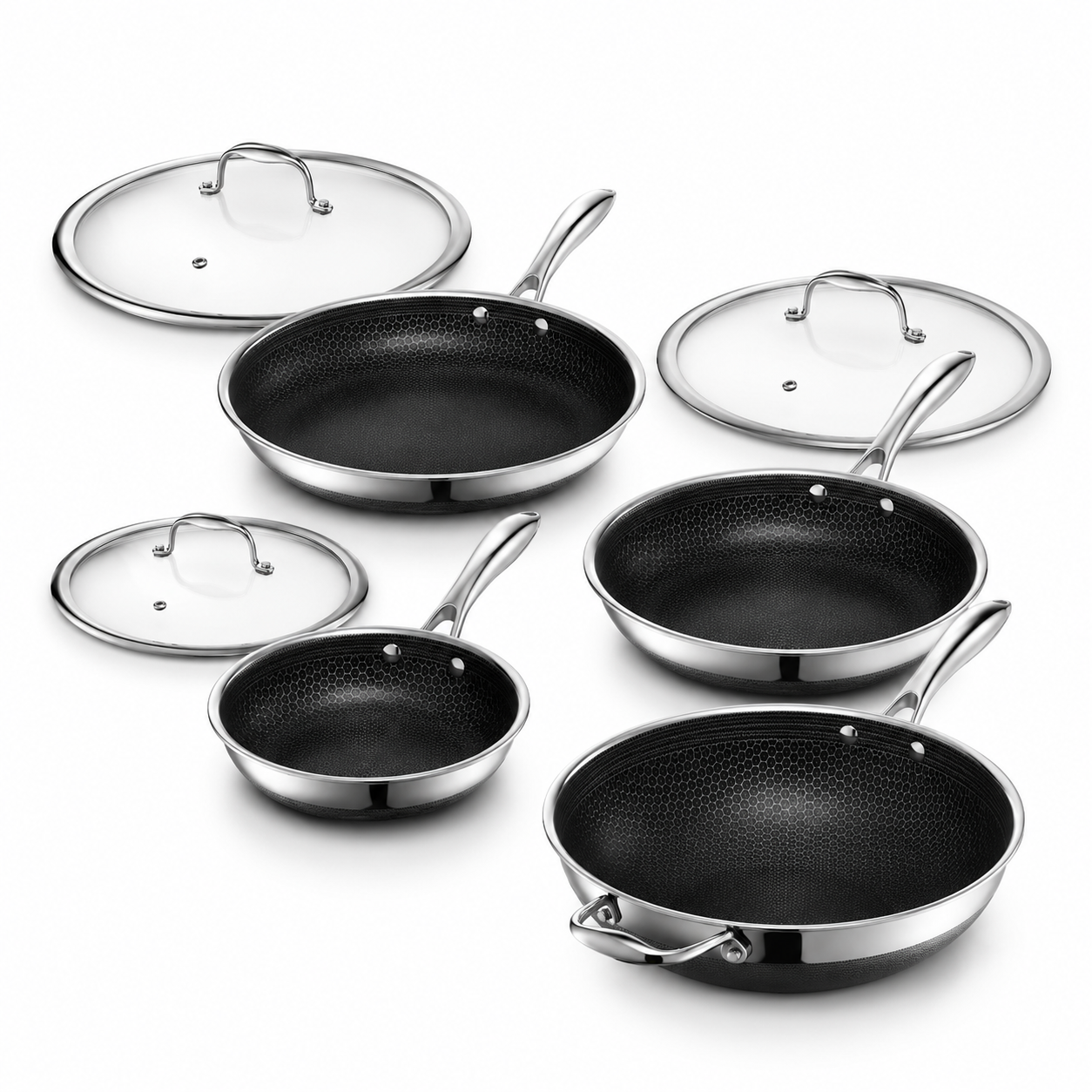 HexClad Commercial 7 Piece Cookware Pan Set Hybrid Nonstick Stainless Steel