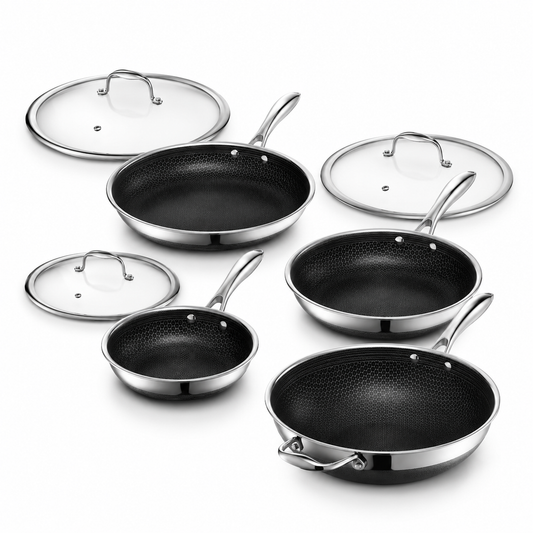 HexClad Commercial 7 Piece Cookware Pan Set Hybrid Nonstick Stainless Steel