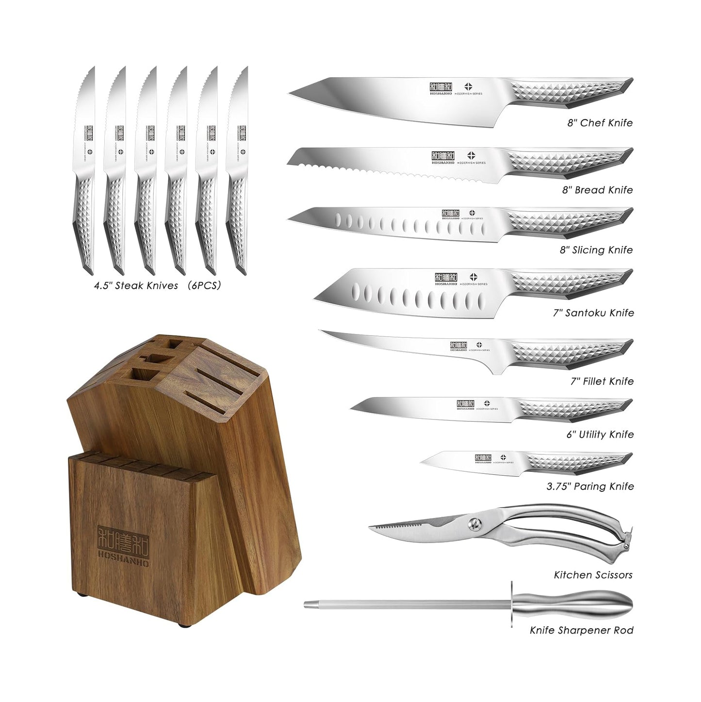 HOSHANHO Kitchen Knife Set with Block, 16-Piece Sharp Japanese Stainless Steel Chef Knife Set, Professional Knife Block Set with Sharpener