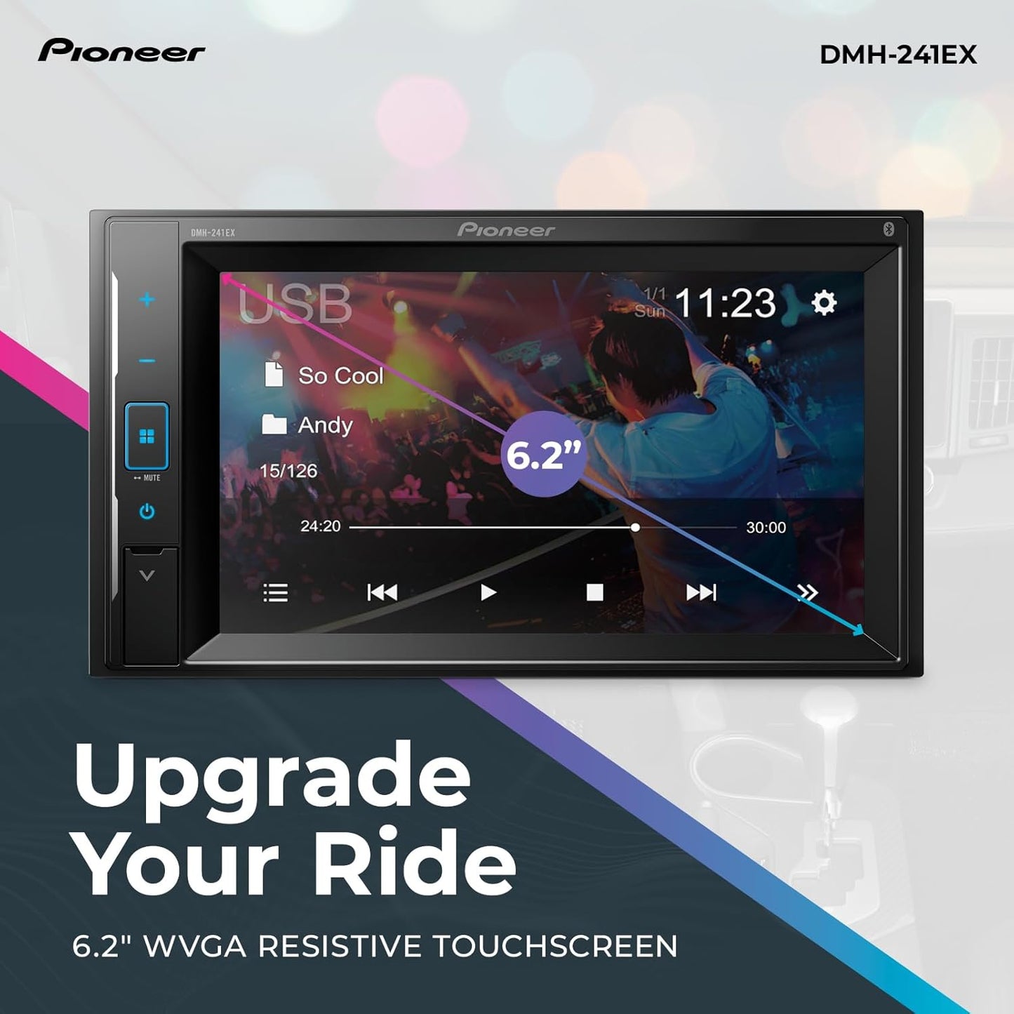 Pioneer DMH-241EX 6.2" Double-DIN Bluetooth – Short Chassis, FLAC, 13-Band EQ