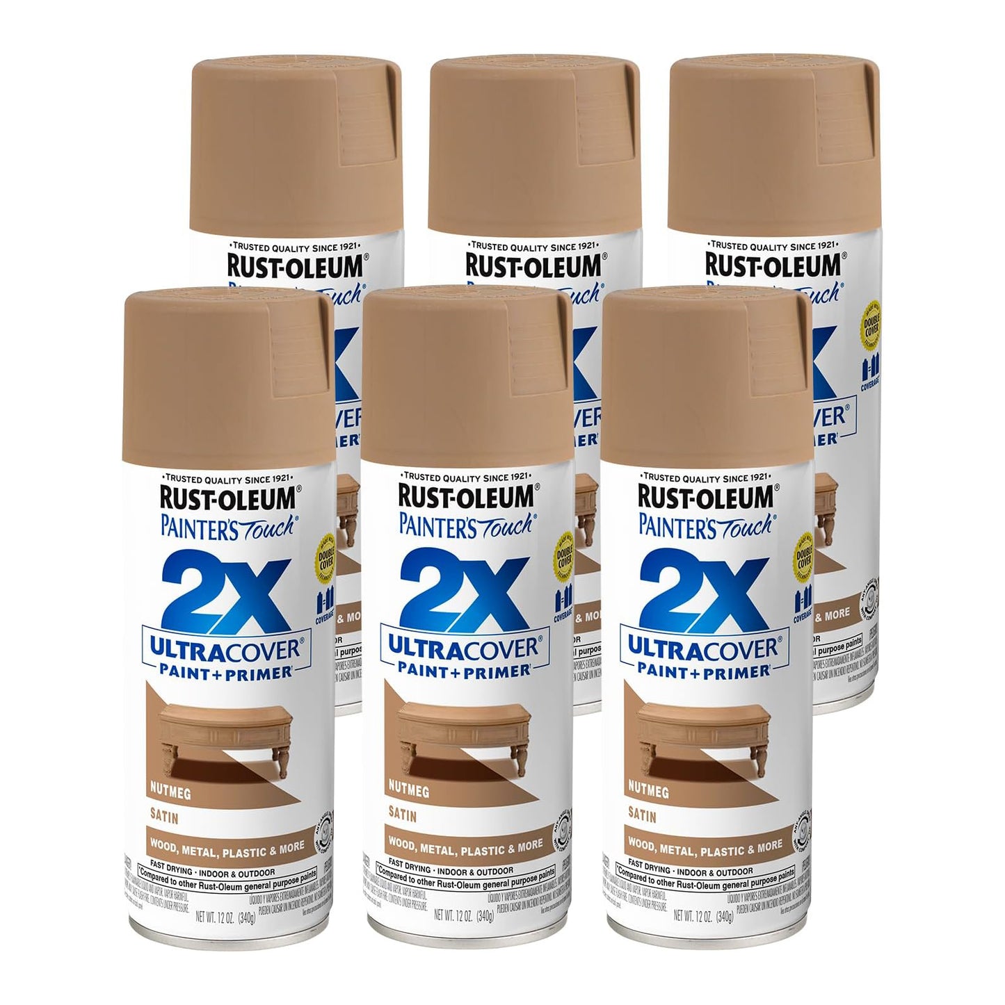 Rust-Oleum Painter’s Touch 2X Ultra Cover Spray Paint – Satin Nutmeg (12 oz, 6-Pack)