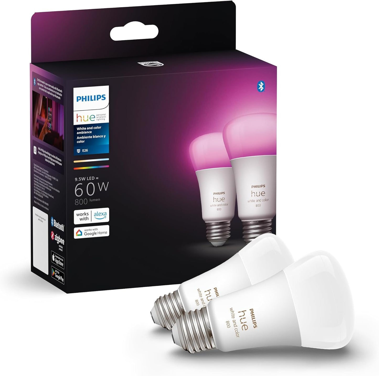 Philips Hue Smart 60W A19 LED Bulb – White & Color Ambiance (2-Pack)