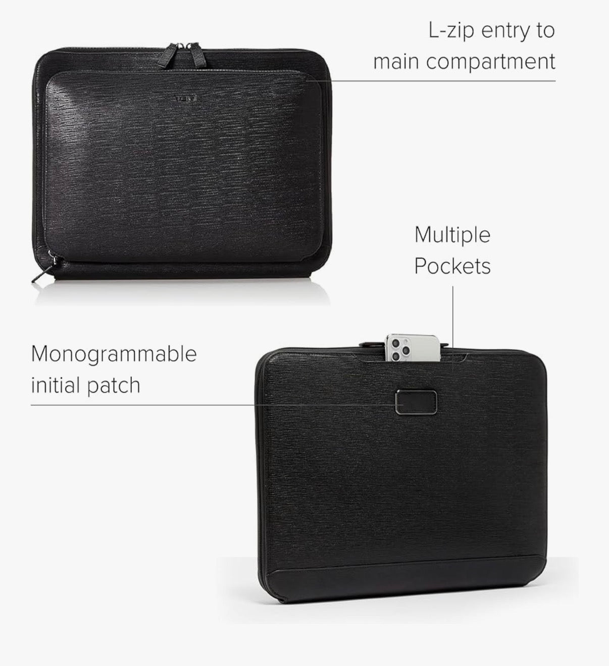 TUMI Nassau Laptop Portfolio Black Embossed Leather Business Case Sleeve