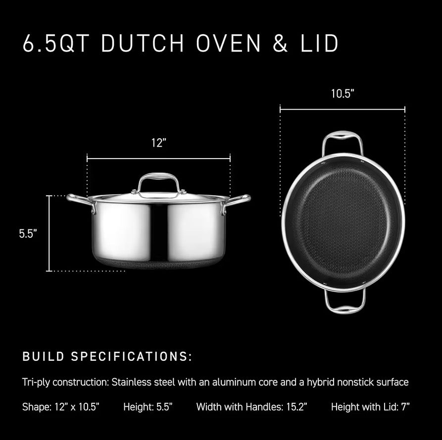 HexClad Hybrid Oval Dutch Oven 6.5Qt Nonstick Induction Cookware Black