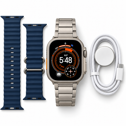 Apple Watch Ultra 2 natural titanium with stainless steel band, blue band and USB-C magnetic charging cable