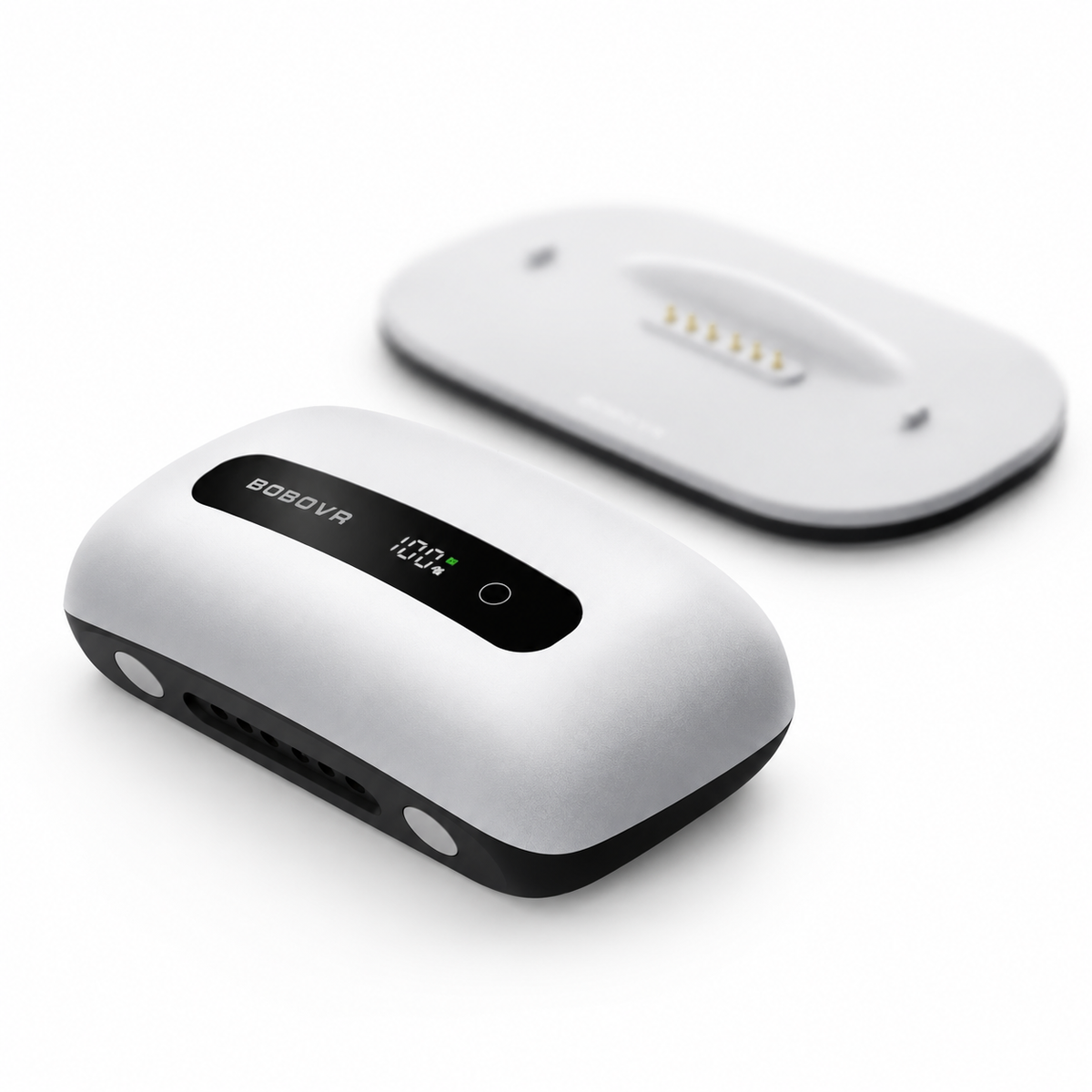 BOBOVR BM60 battery at a side angle with dock behind