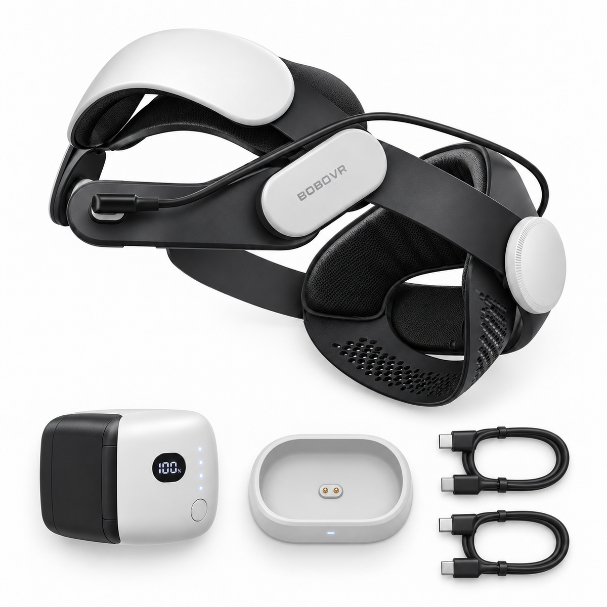 BOBOVR M3 Pro+ strap, BM60 battery, charging dock and two USB-C cables