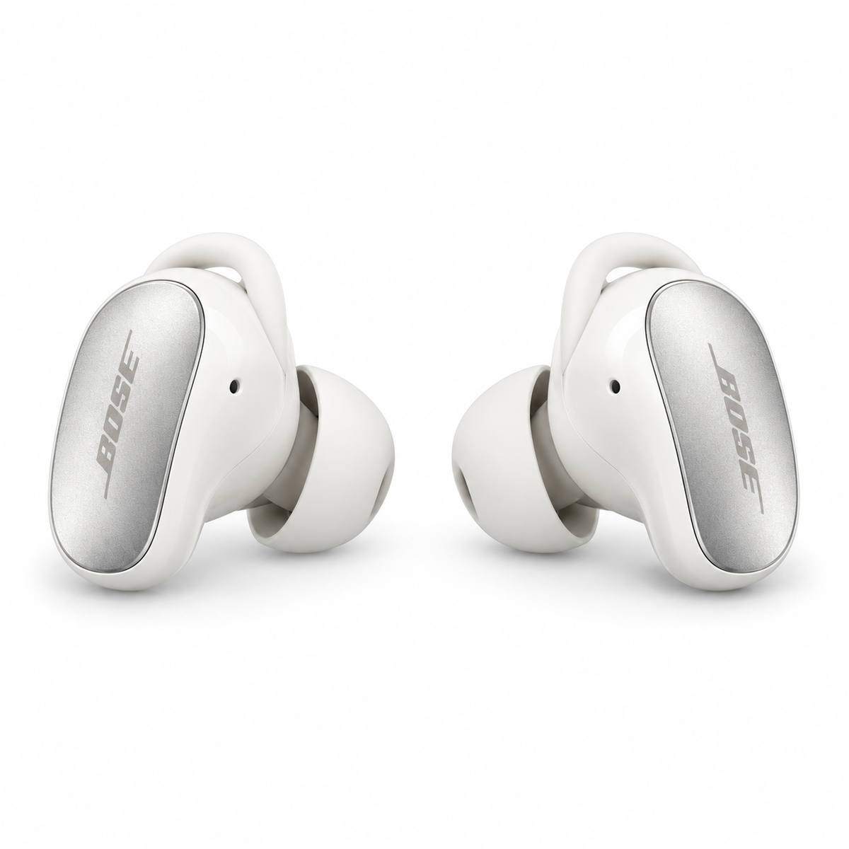 Bose QuietComfort Ultra White Smoke — Pair of earbuds angled view