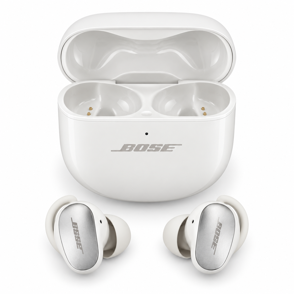 Bose QuietComfort Ultra White Smoke — Earbuds beside open charging case