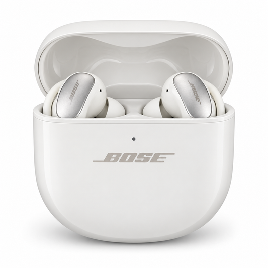 Bose QuietComfort Ultra Earbuds White Smoke with open charging case