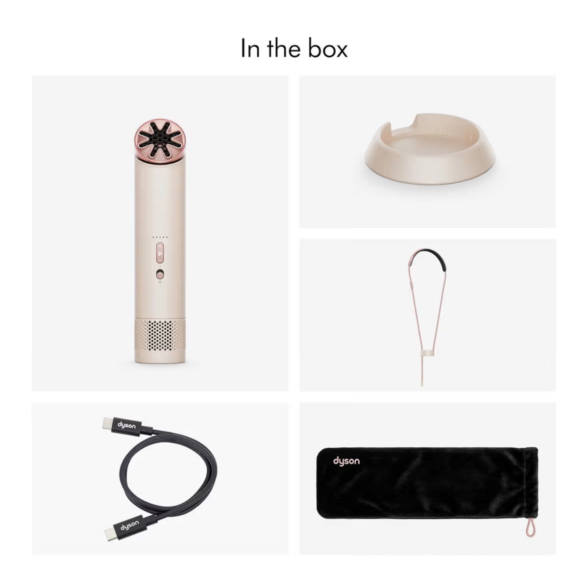 Dyson HushJet Mini Cool fan with charging stand neck dock travel pouch and USB-C cable