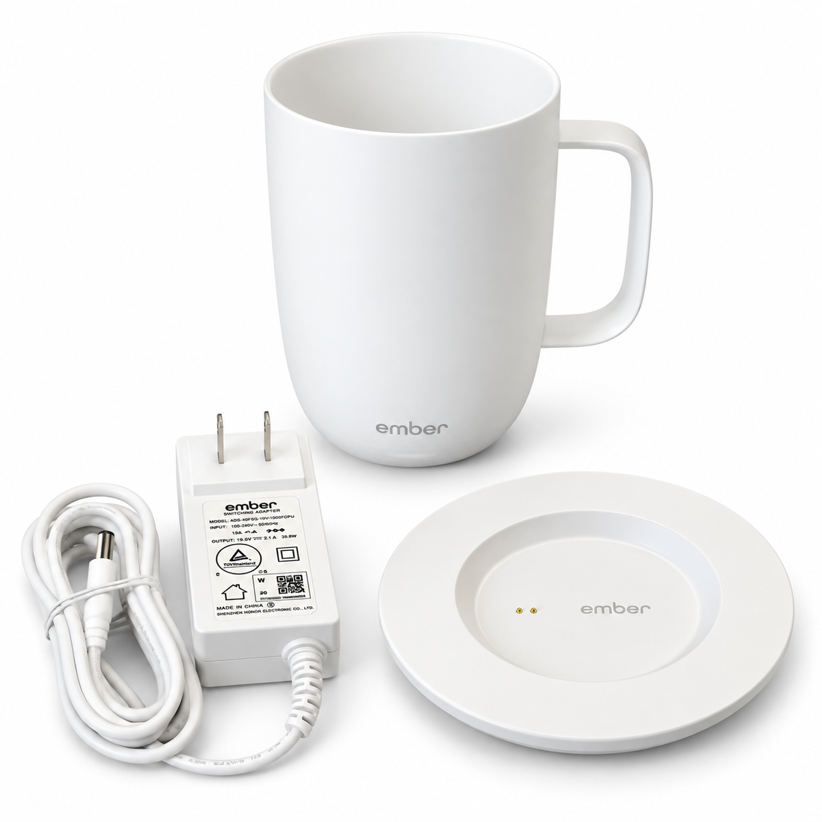 White Ember Mug 2 14 oz smart heated mug with charging coaster and power adapter