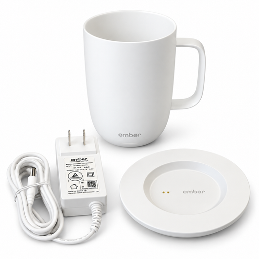White Ember Mug 2 14 oz smart heated mug with charging coaster and power adapter