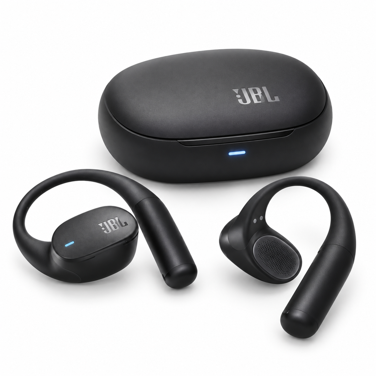JBL Sense Lite black open-ear earbuds with charging case