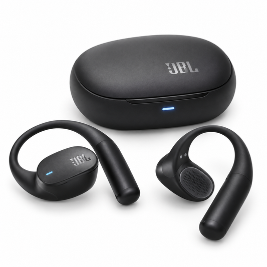 JBL Sense Lite black open-ear earbuds with charging case