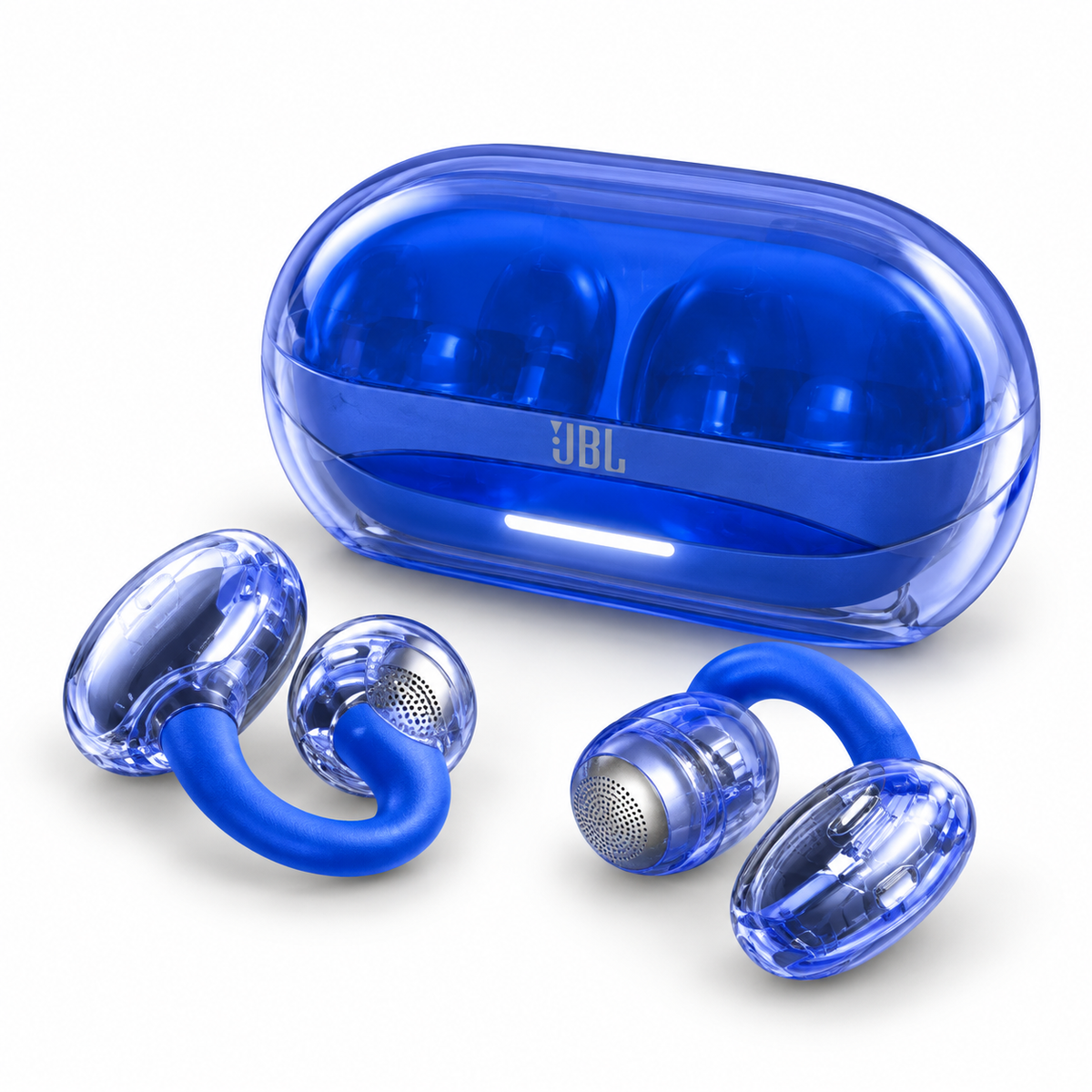 JBL Soundgear Clips blue open-ear earbuds with charging case