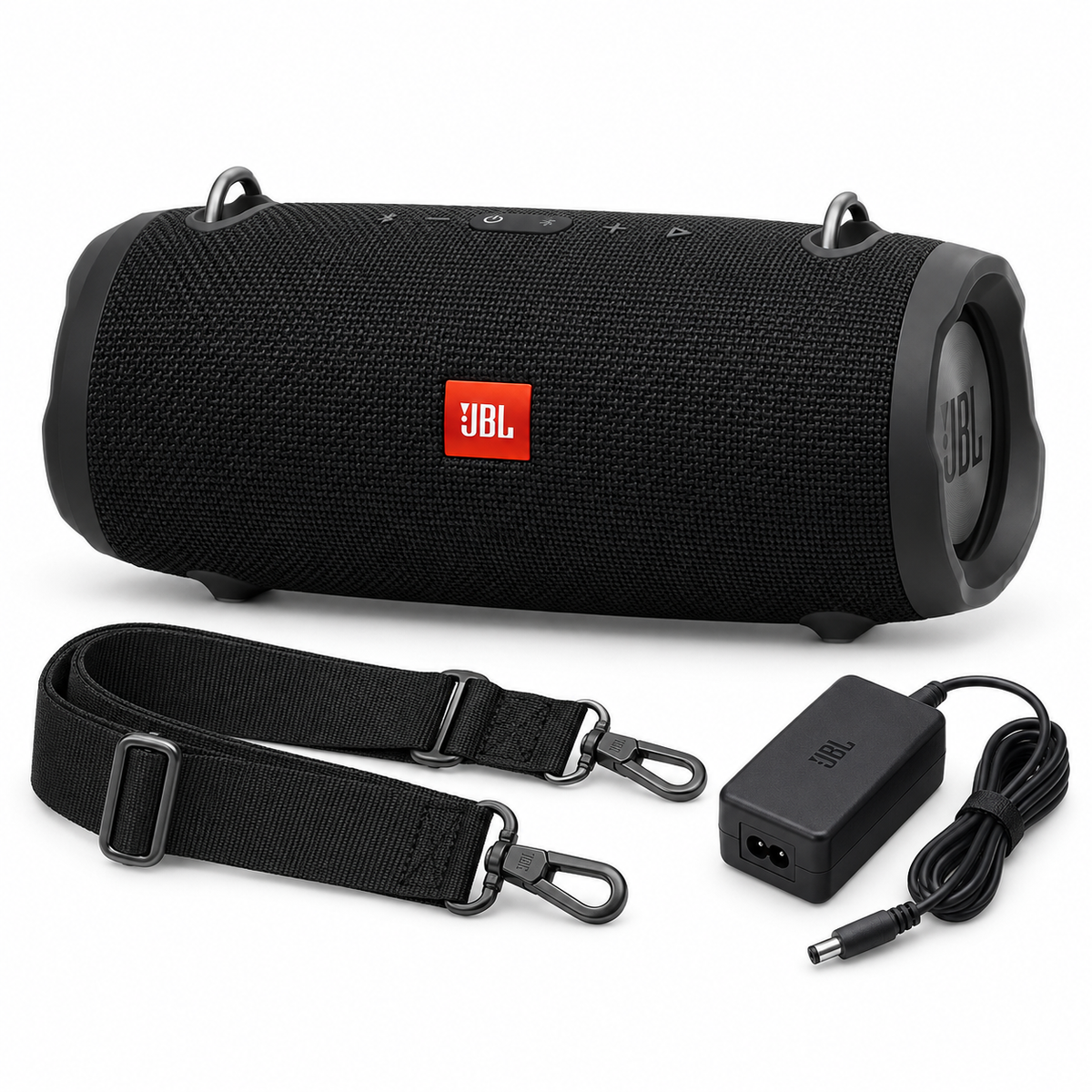 JBL Xtreme 2 black speaker with shoulder strap and power adapter