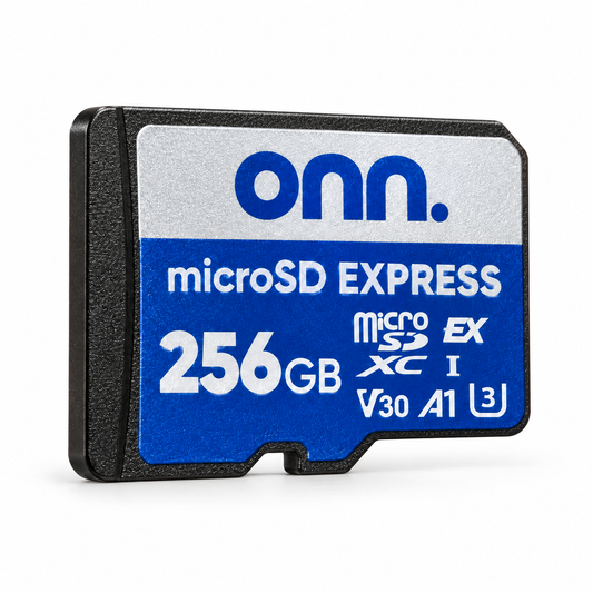 onn. 256GB microSDXC Express memory card for Nintendo Switch 2 - angled front view