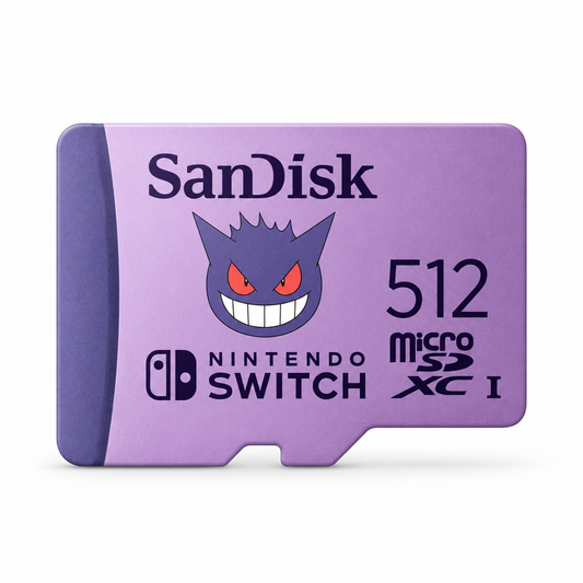 SanDisk 512GB Pokémon Gengar microSDXC card, front studio view