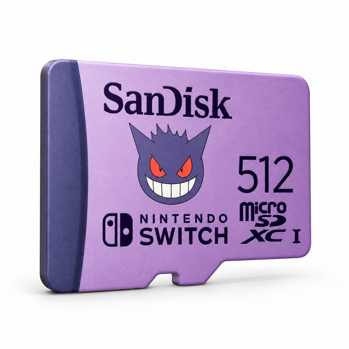 SanDisk 512GB Pokémon Gengar microSDXC card, slight left angle