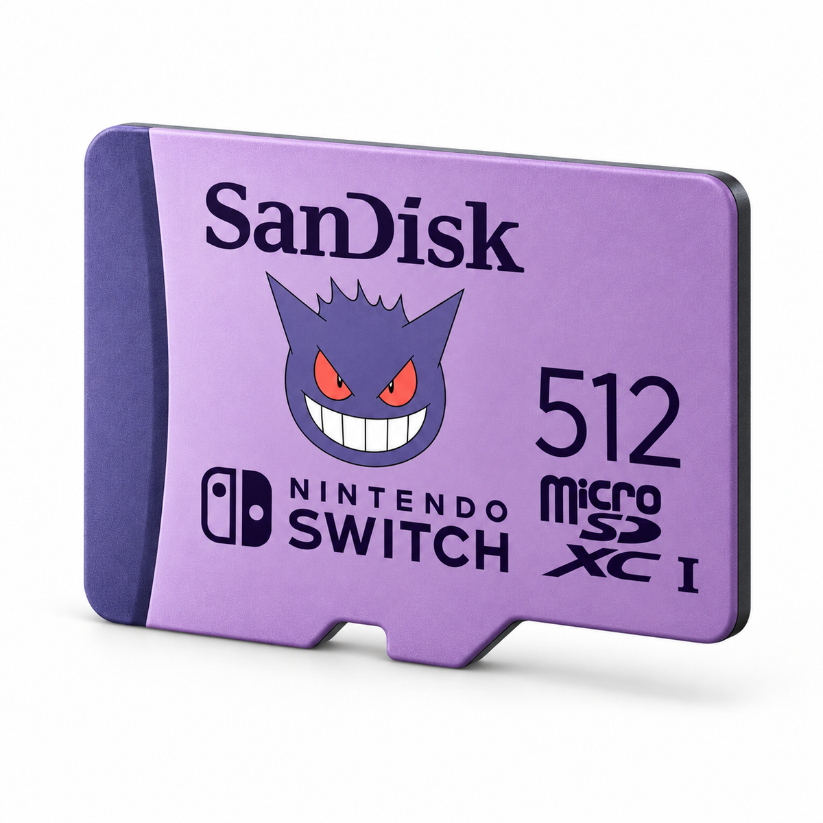 SanDisk 512GB Pokémon Gengar microSDXC card, slight right angle