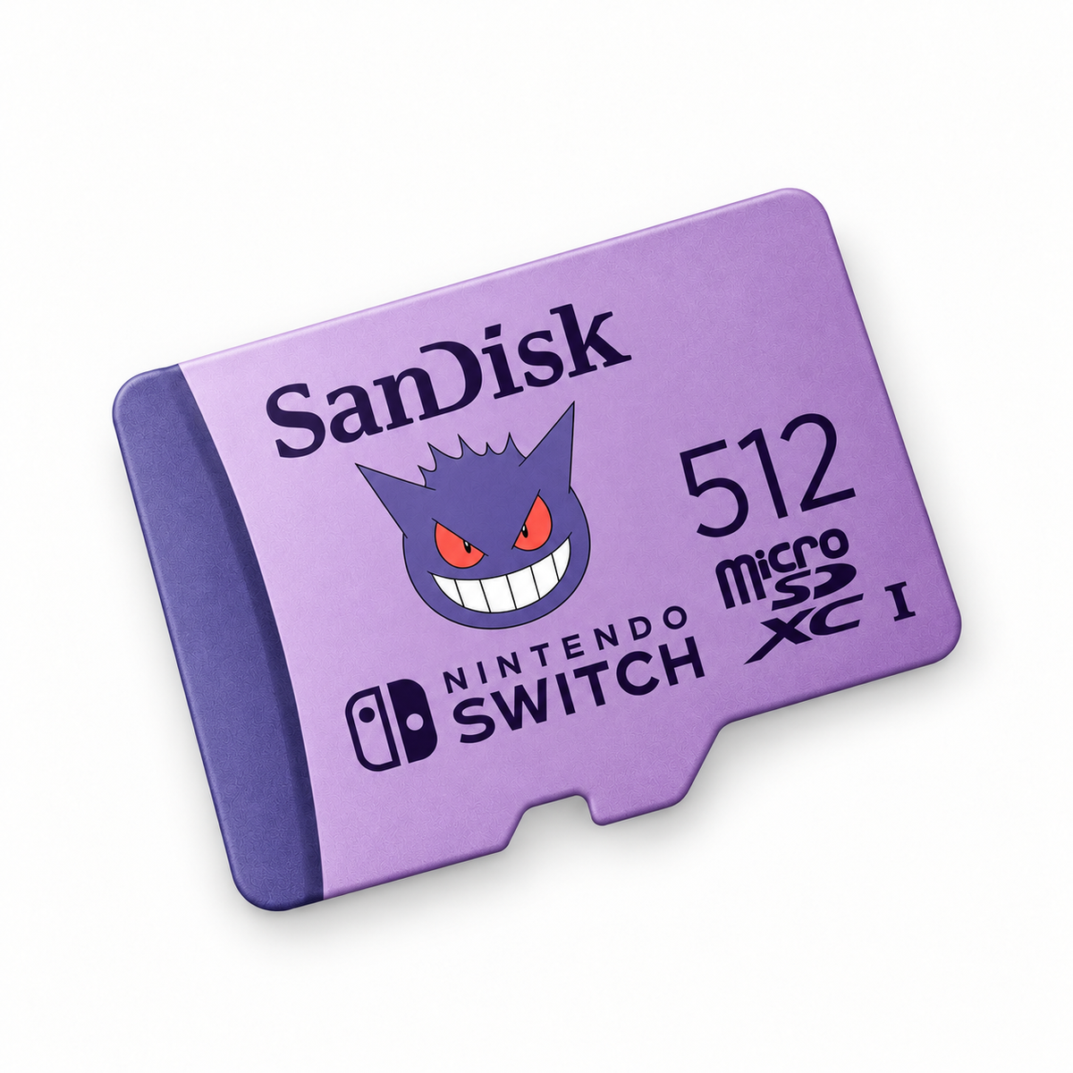 SanDisk 512GB Pokémon Gengar microSDXC card, diagonal overhead view