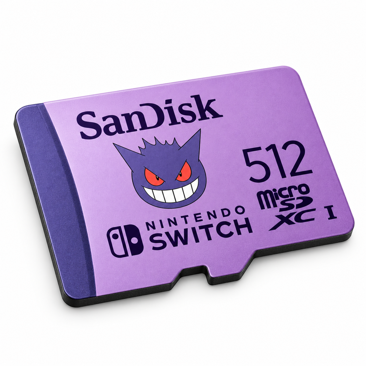 SanDisk 512GB Pokémon Gengar microSDXC card, low side angle