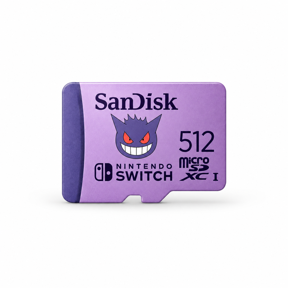 SanDisk 512GB Pokémon Gengar microSDXC card, centered full front view
