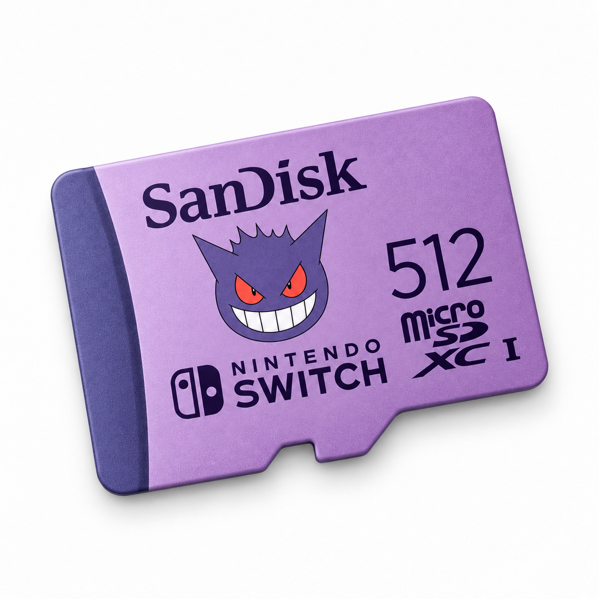 SanDisk 512GB Pokémon Gengar microSDXC card, clockwise tilted view