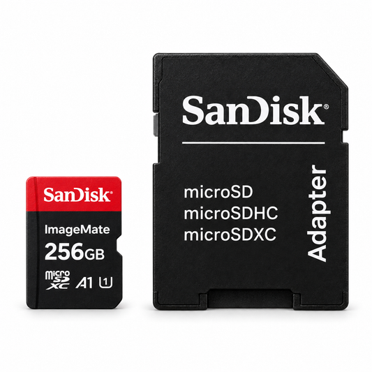 SanDisk ImageMate 256GB microSDXC card and SD adapter front view