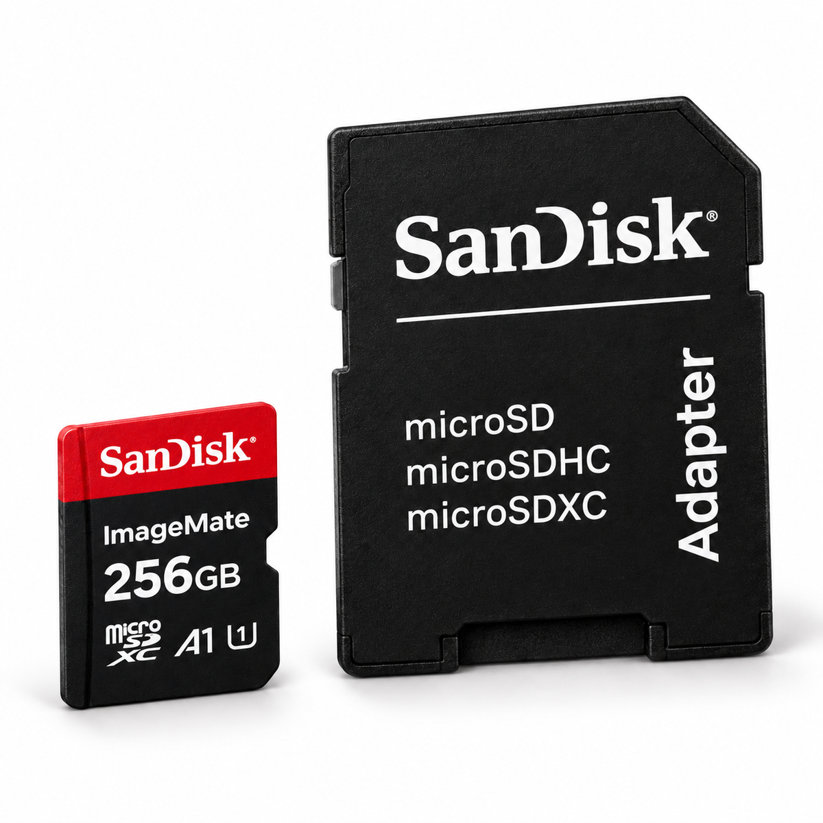 SanDisk ImageMate 256GB card and adapter angled view