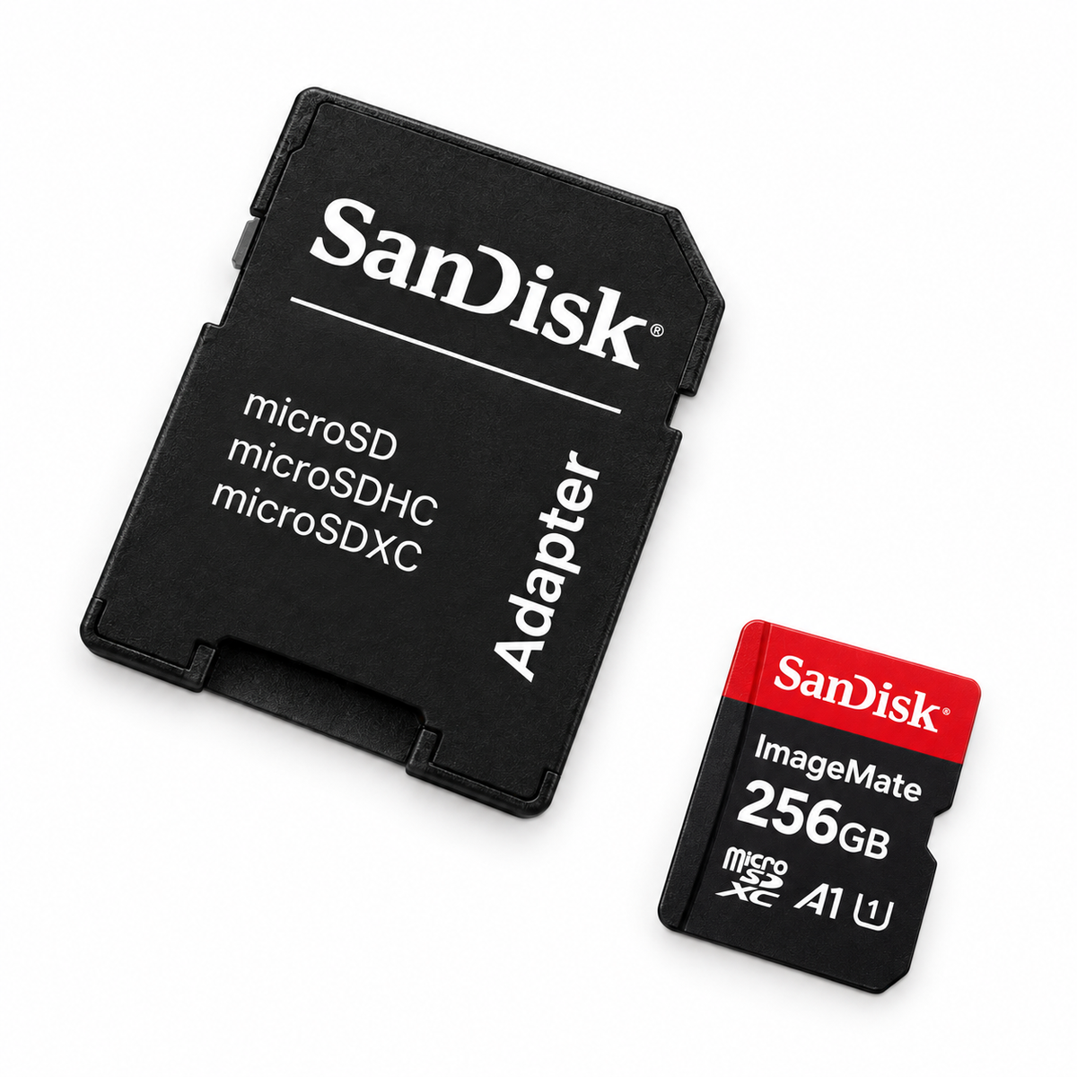 SanDisk ImageMate 256GB card and adapter overhead view