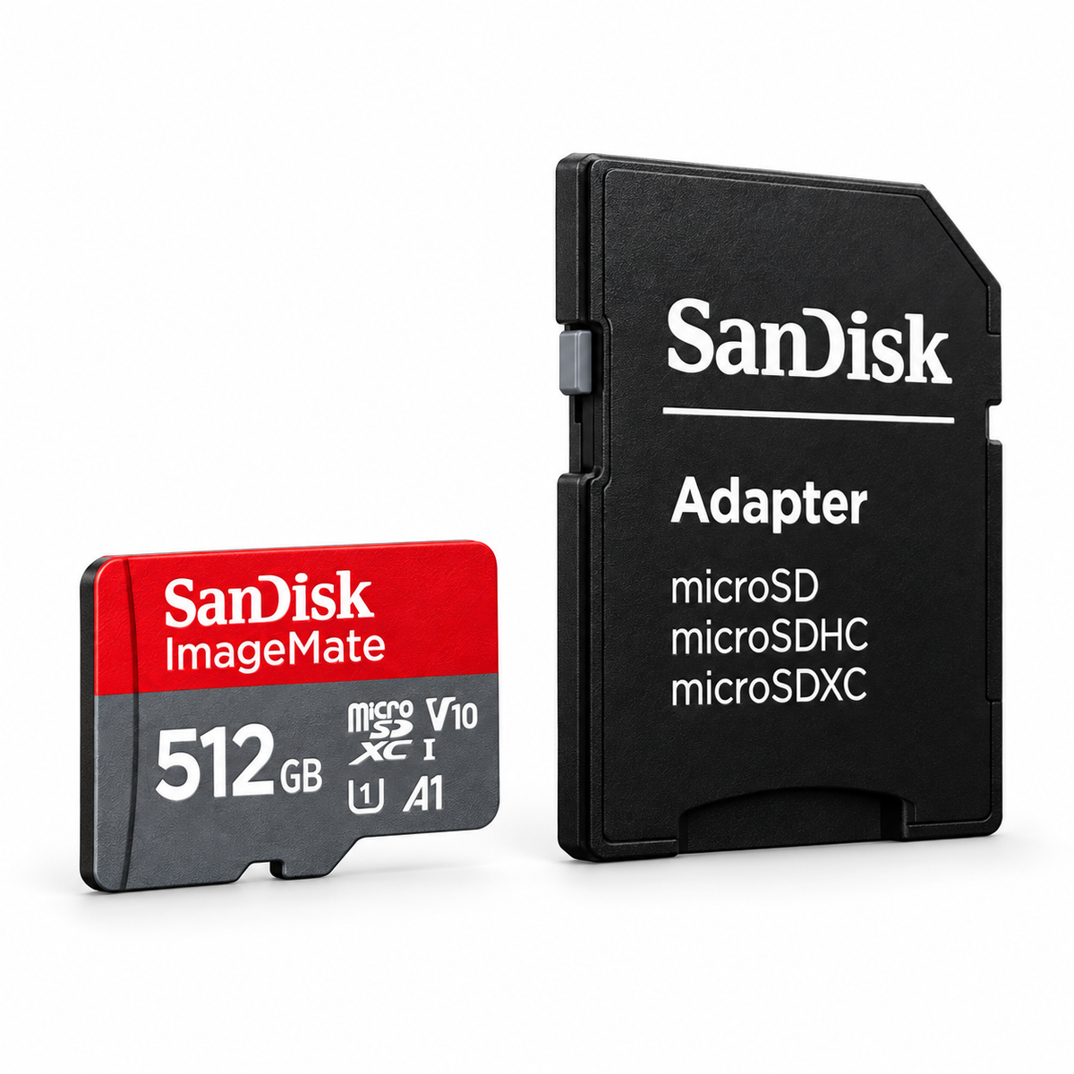 SanDisk ImageMate 512GB microSDXC card and separate adapter angled view