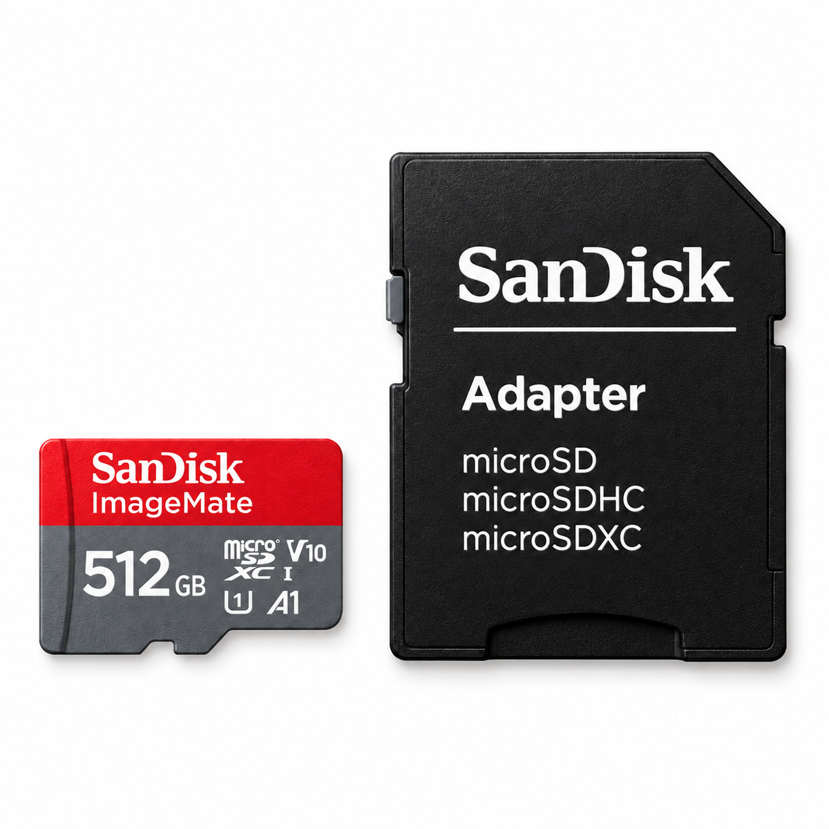 SanDisk ImageMate 512GB microSDXC card and separate SD adapter flat lay