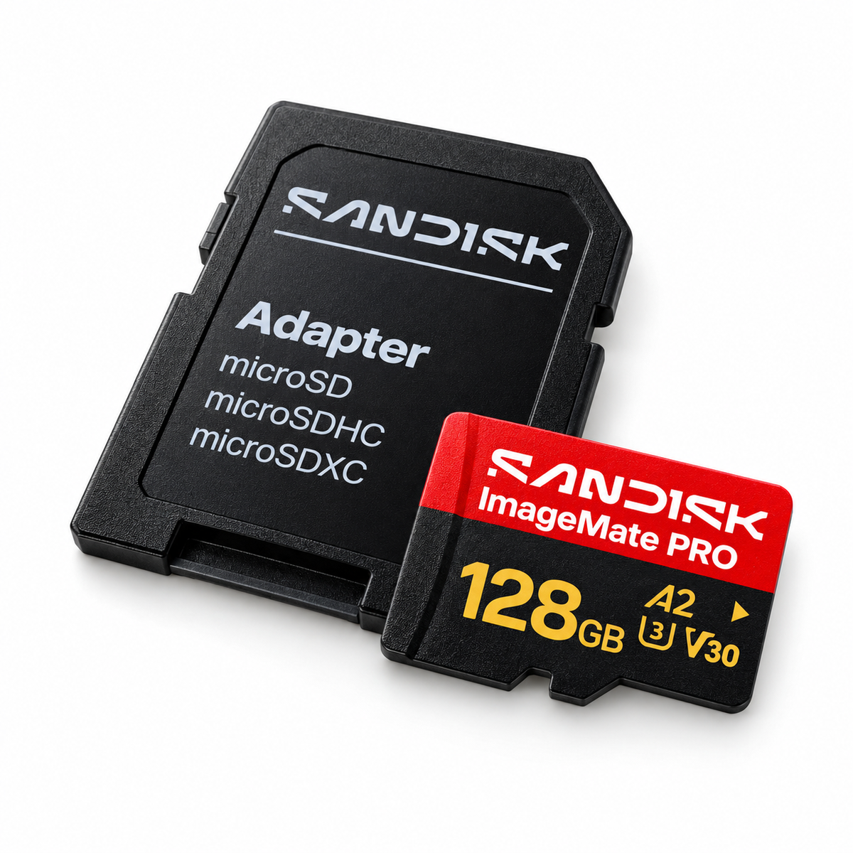 SanDisk ImageMate PRO 128GB microSDXC card and adapter angled view