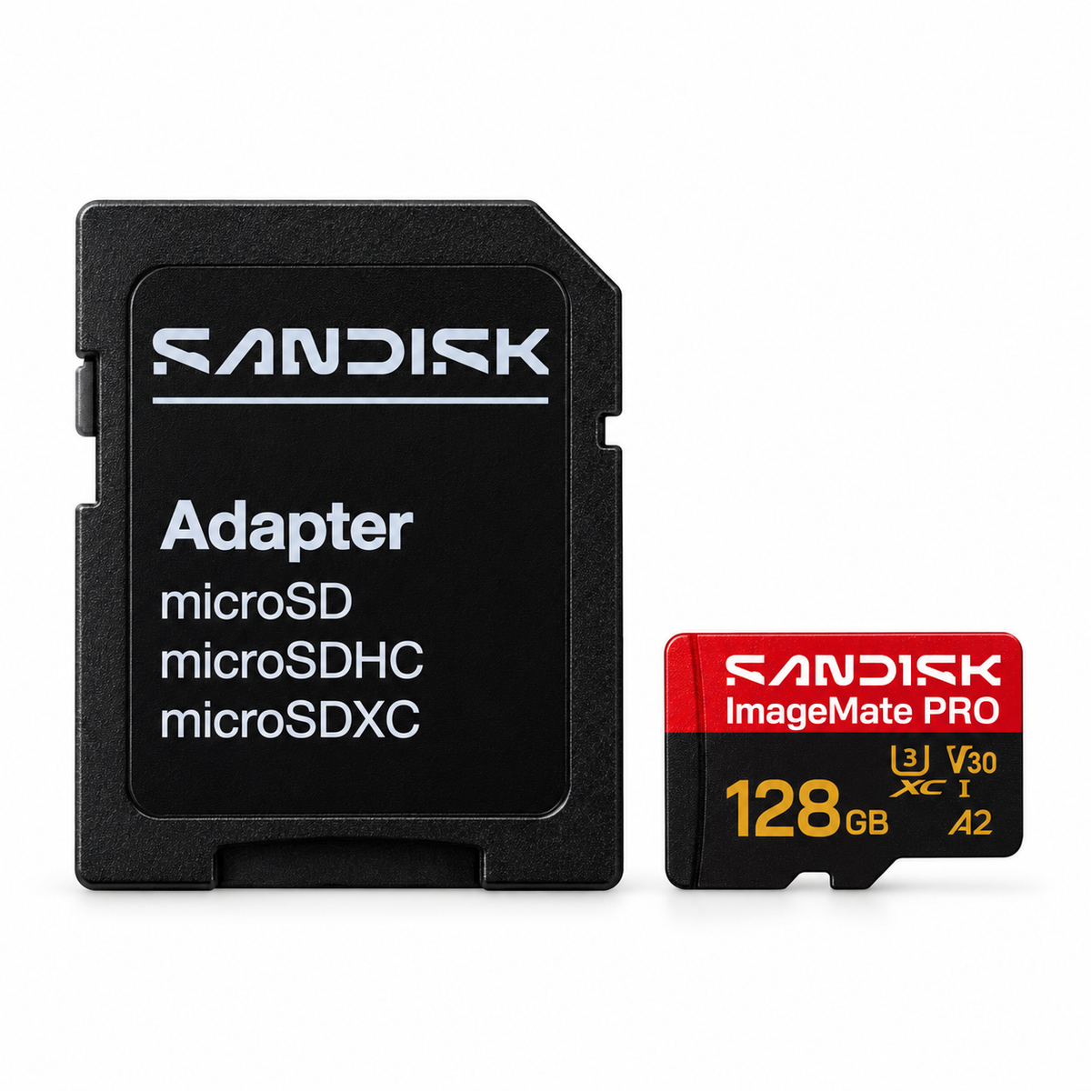 SanDisk ImageMate PRO 128GB microSDXC card and adapter front view
