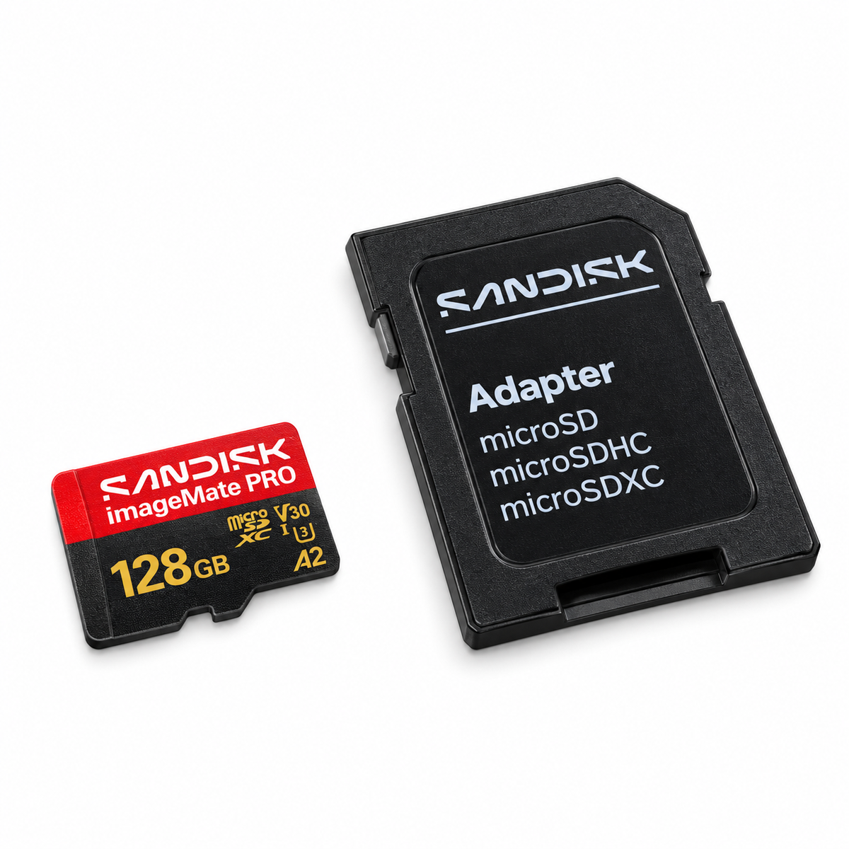 SanDisk ImageMate PRO 128GB microSDXC card beside full-size SD adapter