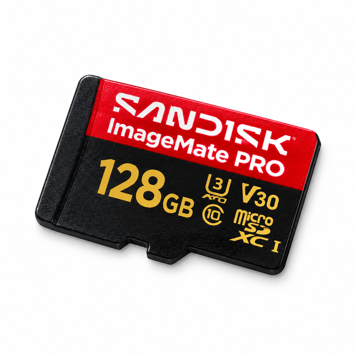 SanDisk ImageMate PRO 128GB microSDXC memory card shown separately at an angle
