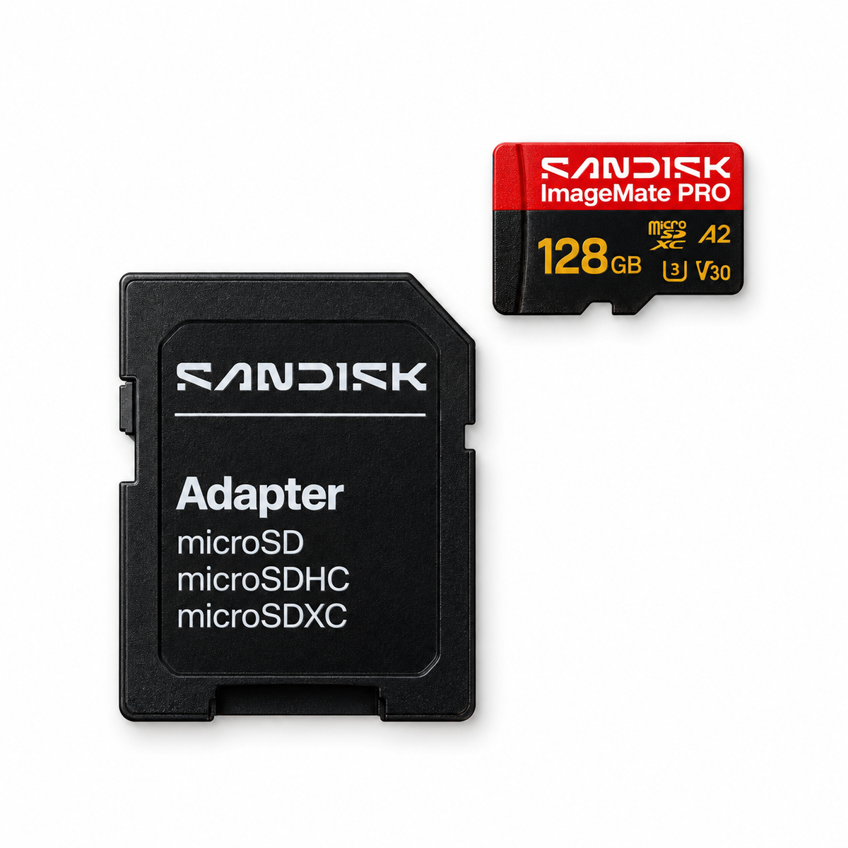 SanDisk ImageMate PRO 128GB card and adapter overhead