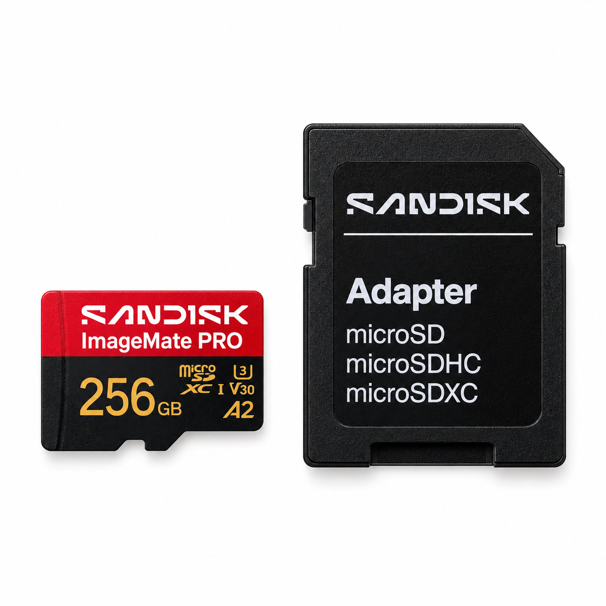SanDisk ImageMate PRO 256GB microSDXC card beside SD adapter