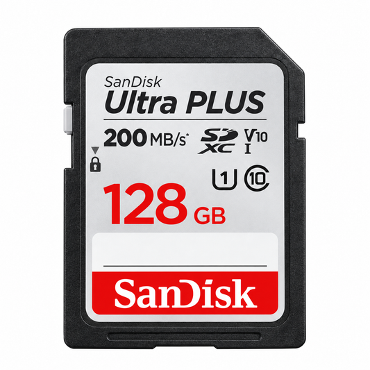 SanDisk Ultra PLUS 128GB SDXC 200MB/s card front view