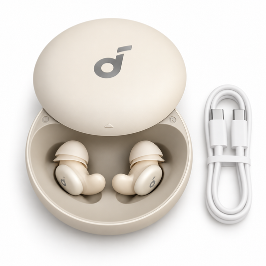 Soundcore Sleep A20 noise-masking sleep earbuds in Slumber Beige with charging case and USB-C cable